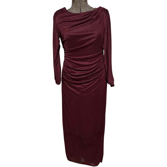 R&M Richards Burgundy Long Sleeve Ruched Sparkle Evening Gown Formal Dress 12 - Picture 1 of 7